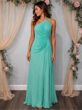 NWT Ryanth Mint One Shoulder Chiffon Formal Gown Corset Back Size 4